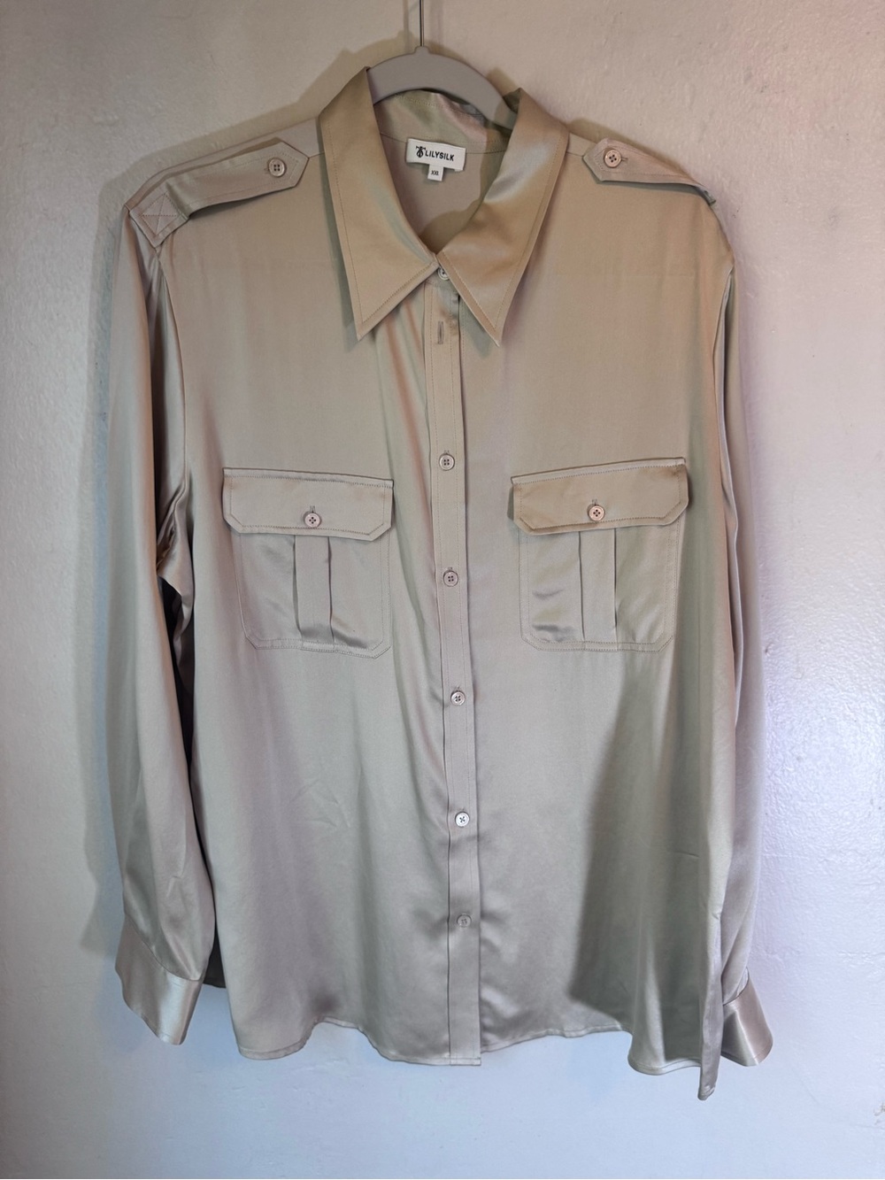 LILYSILK Sandwashed Silk Shirt Epaulettes Light Apricot XXL